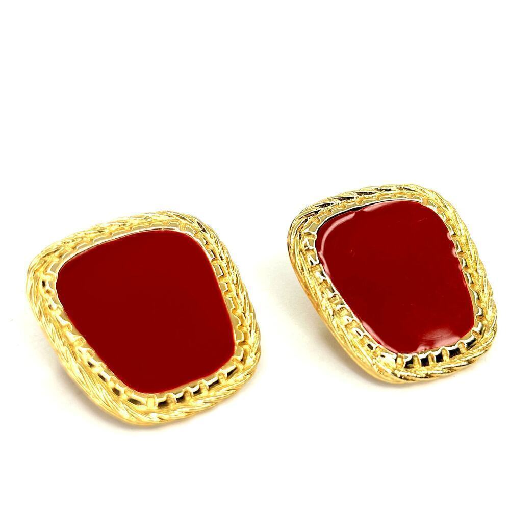 Vintage Avon Red Enamel Gold Tone Metal Post Stud Earrings 90s Costume Square
